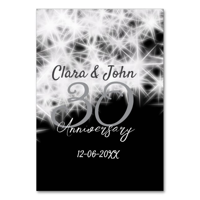 Silver grey black 30th wedding anniversary glitter table number (Front)