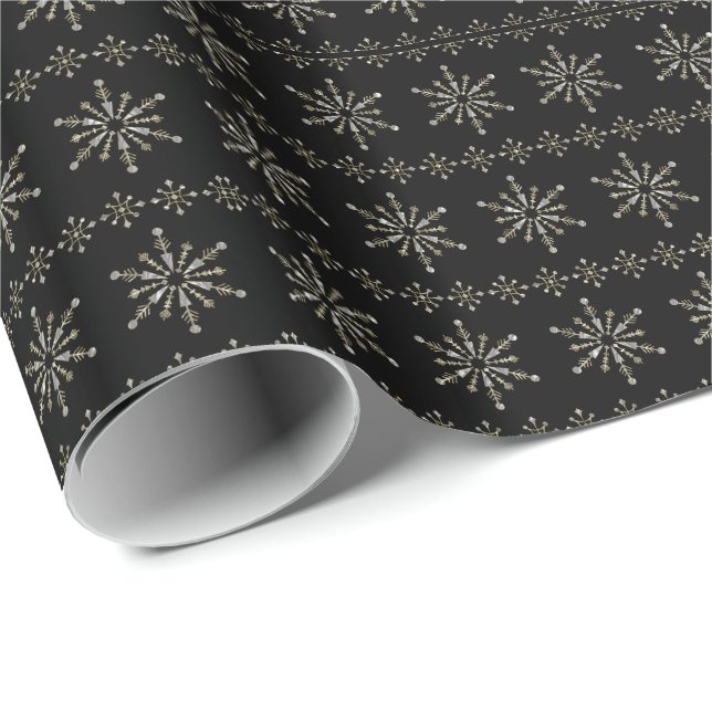 Silver-Grey & Black Abstract Christmas Snowflakes Wrapping Paper (Roll Corner)