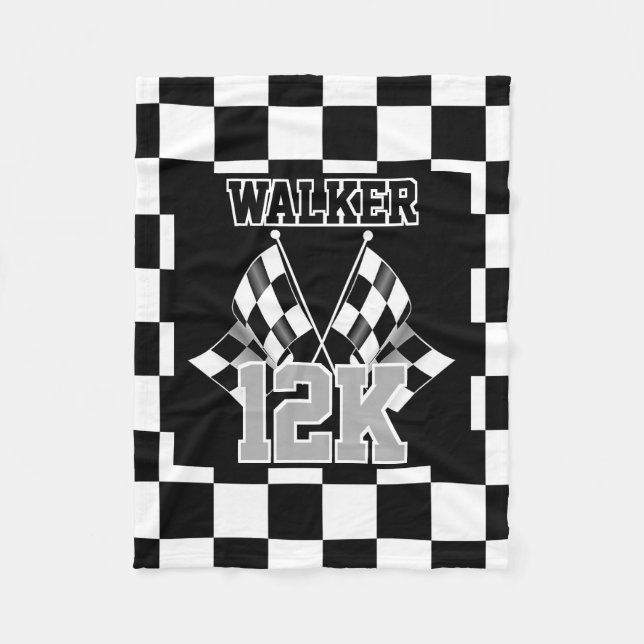 Silver Grey Black And White Chequered Flag Fleece Blanket (Front)