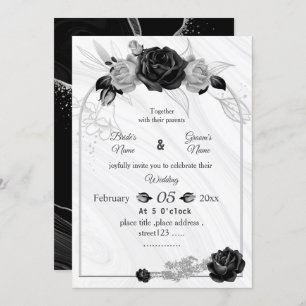 silver grey& black botanical geometric wedding invitation