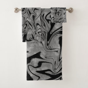 Silver Grey & Black Elegant Glam Marble Swirl Bath Towel Set
