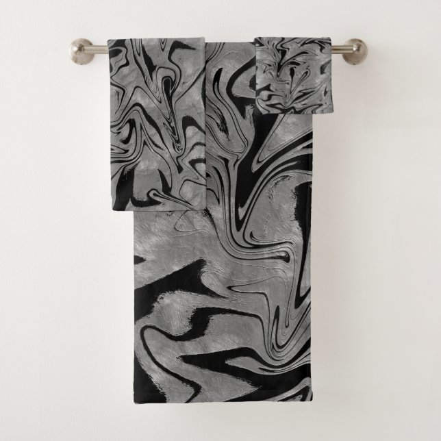 Silver Grey & Black Elegant Glam Marble Swirl Bath Towel Set (Insitu)
