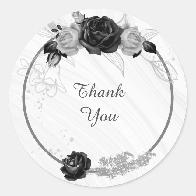 silver grey & black floral wedding classic round sticker (Front)