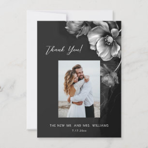Silver Grey Black Floral Wedding Thank You Card