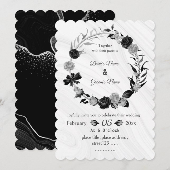 silver grey & black floral wreath wedding invitation (Front/Back)