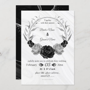 silver grey & black floral wreath wedding invitation