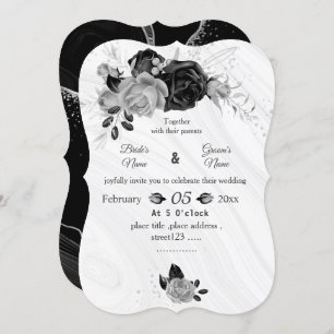 silver grey & black flowers botanical wedding invitation