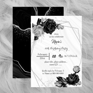 silver grey & black flowers geometric birthday  invitation