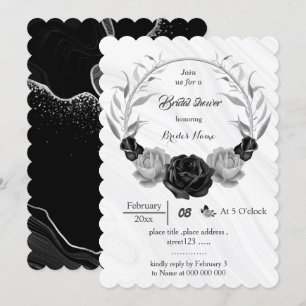 silver grey & black flowers wreath bridal shower invitation