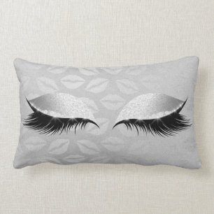 Silver Grey Black Glam Glitter Kiss Lips Makeup Lumbar Cushion