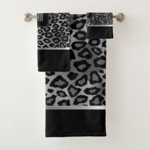 Silver Grey & Black Leopard Pattern with Monogram Bath Towel Set