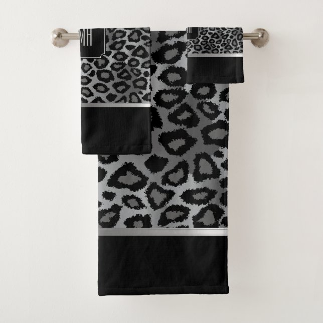 Silver Grey & Black Leopard Pattern with Monogram Bath Towel Set (Insitu)