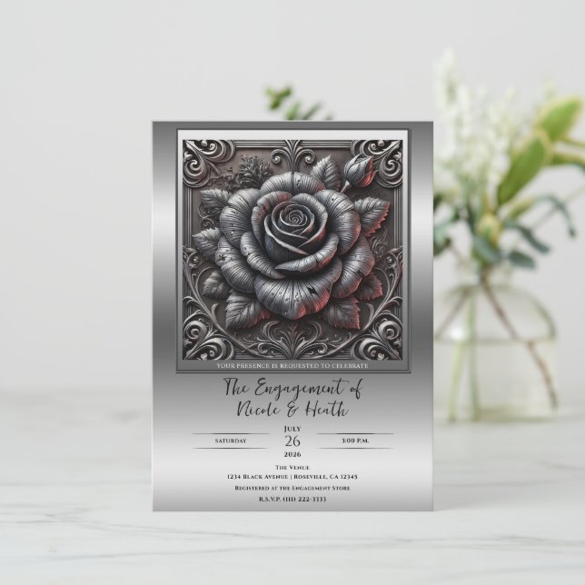 Silver Grey & Black Rose Elegant Gothic Engagement Invitation (Standing Front)