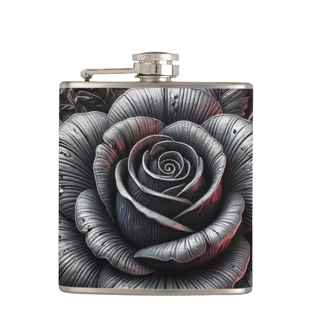 Silver Grey & Black Rose Elegant Gothic Wedding  Hip Flask (Front)