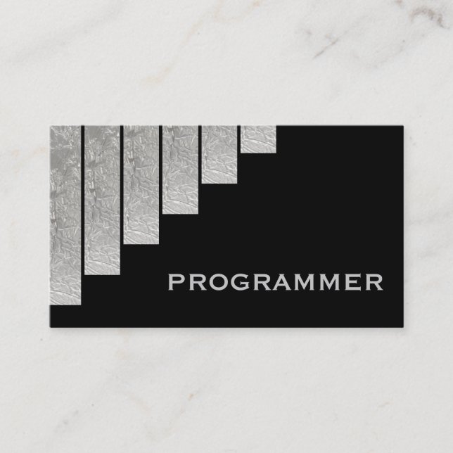 Silver grey, black vertical stripes programmer business card (Front)