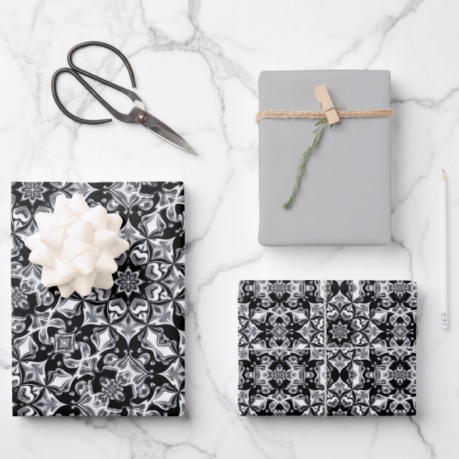 Silver (Grey), Black & White Pattern Wrapping Paper Sheet (Front)