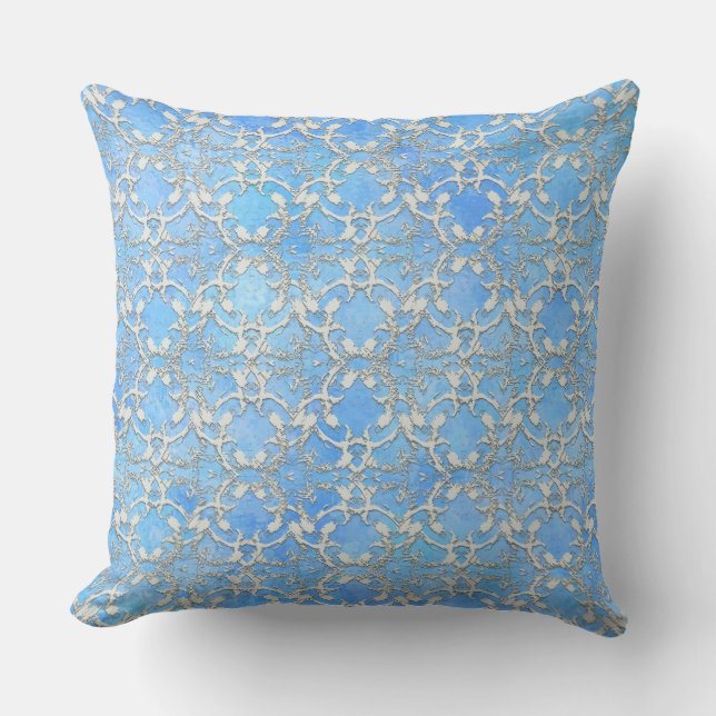 Silver Grey Blue Dancing Scrolls Pattern Cushion (Front)