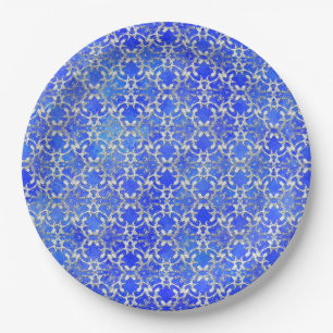 Silver Grey Blue Dancing Scrolls Pattern Paper Plate