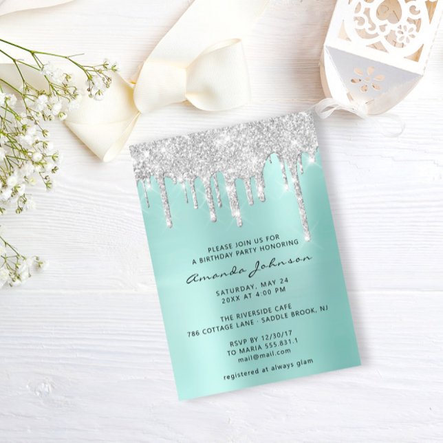 Silver Grey Blue Glitter Effect Drip Birthday Invitation (Silver Gray Tiffany Glitter Effect Drip Birthday Invitation)