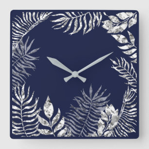 Silver Grey Blue Navy Palm Botanical Metallic Square Wall Clock