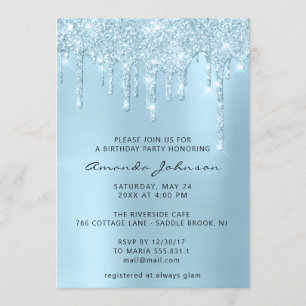 Silver Grey Blue Sky Glitter Effect Drip Birthday Invitation