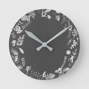 Silver Grey Botanical Leaves Personalised Custom Round Clock