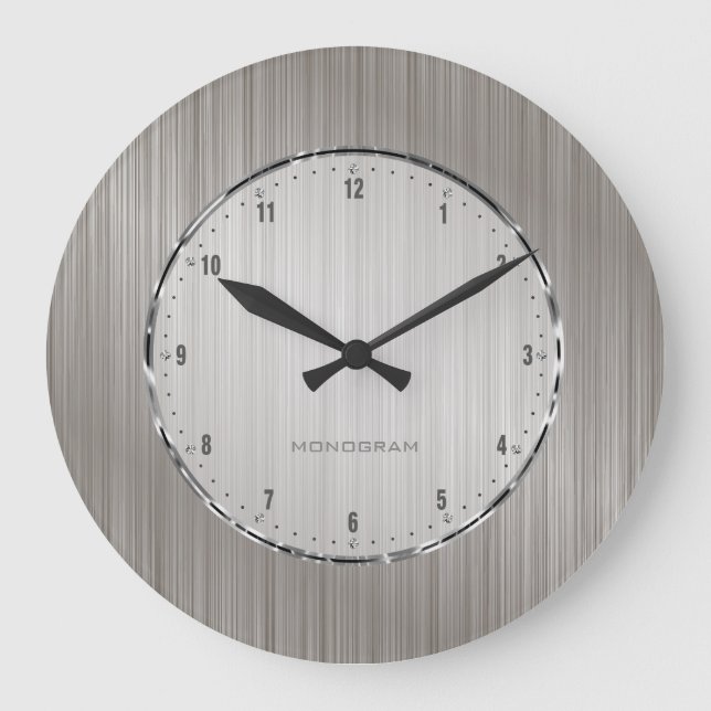 Silver Grey Brushed Aluminium Look Large Clock (Front)