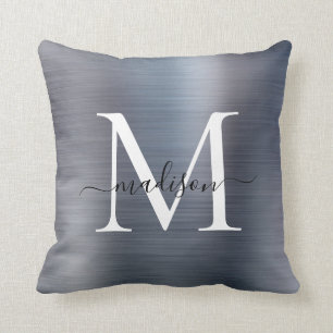 Silver Grey Brushed Metal Girly Script Monogram Cushion