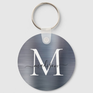 Silver Grey Brushed Metal Girly Script Monogram Key Ring