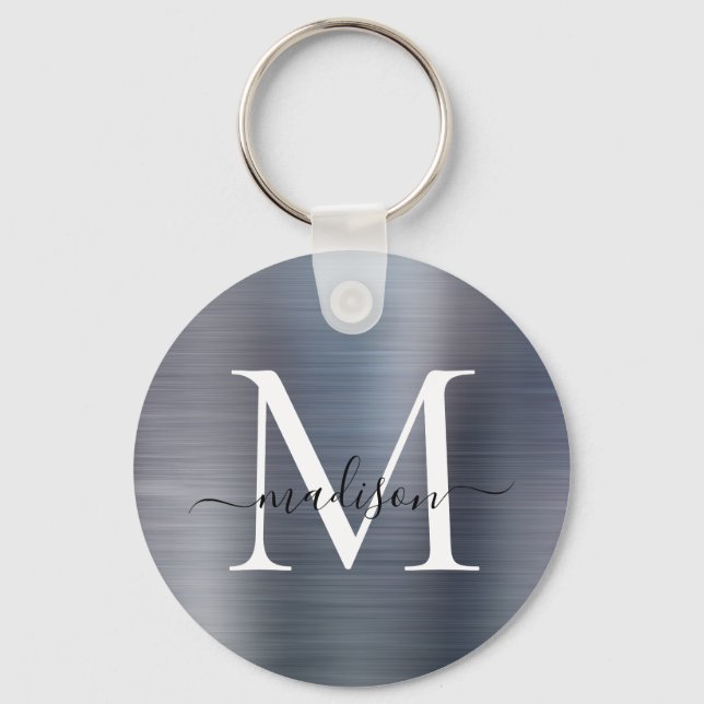 Silver Grey Brushed Metal Girly Script Monogram Key Ring (Front)