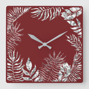Silver Grey Burgundy Red Palm Botanical Metallic Square Wall Clock