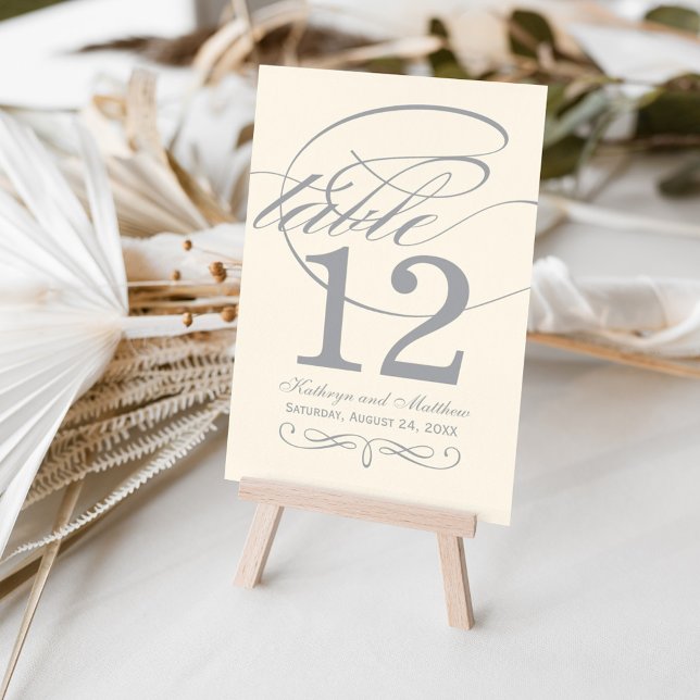 Silver Grey Calligraphy Script Wedding Monogram Table Number (Creator Uploaded)