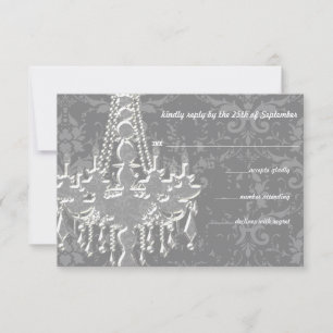 Silver & Grey Chandeliers Damask Wedding RSVP Card