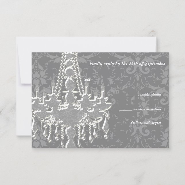 Silver & Grey Chandeliers Damask Wedding RSVP Card (Front)