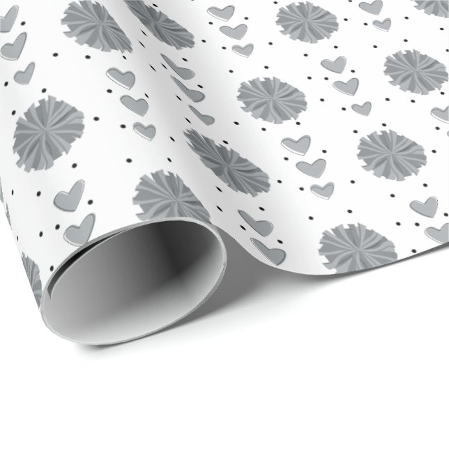 Silver Grey Cheerleader Pom Poms & Hearts Pattern Wrapping Paper (Roll Corner)