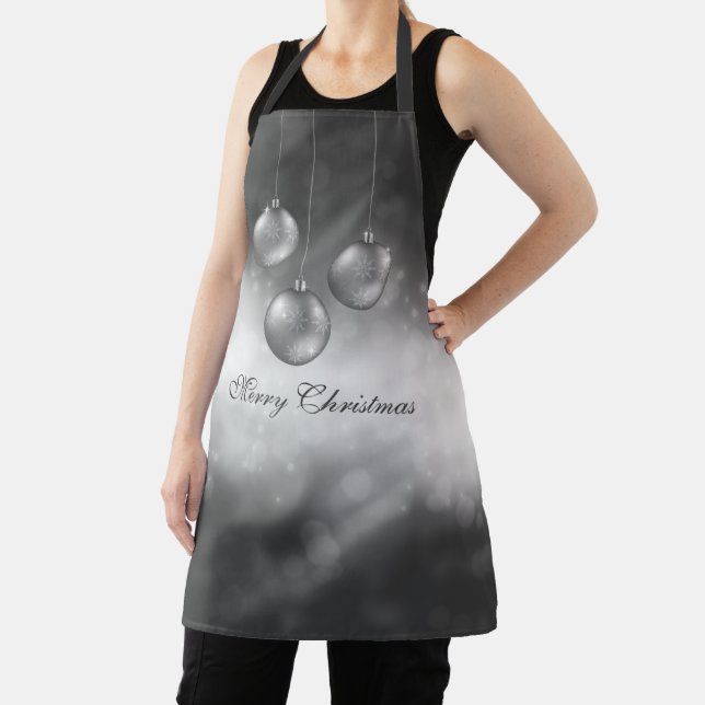 Silver Grey Christmas Baubles On Grey Bokeh Apron (Insitu)