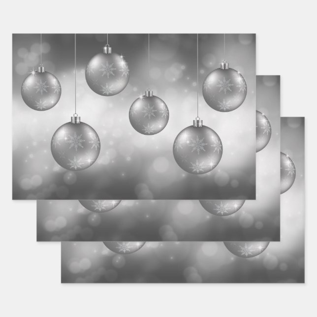 Silver Grey Christmas Baubles On Grey Bokeh Wrapping Paper Sheet (Set)