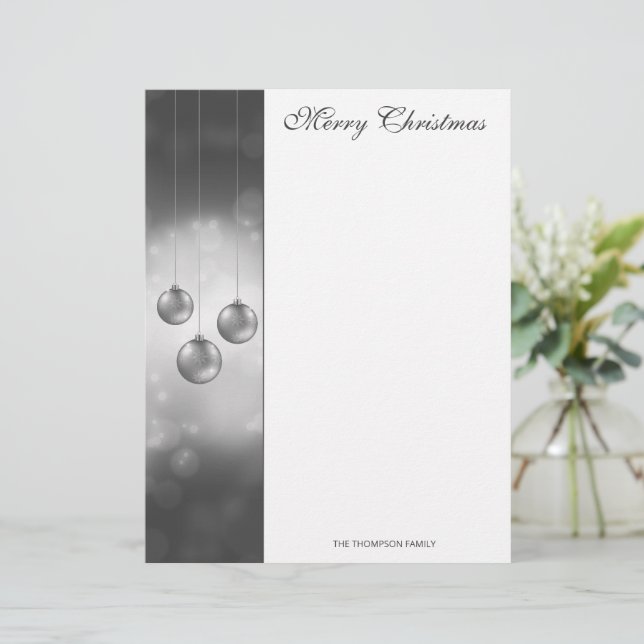 Silver Grey Christmas Baubles With Custom Text Custom Letterhead (Standing Front)