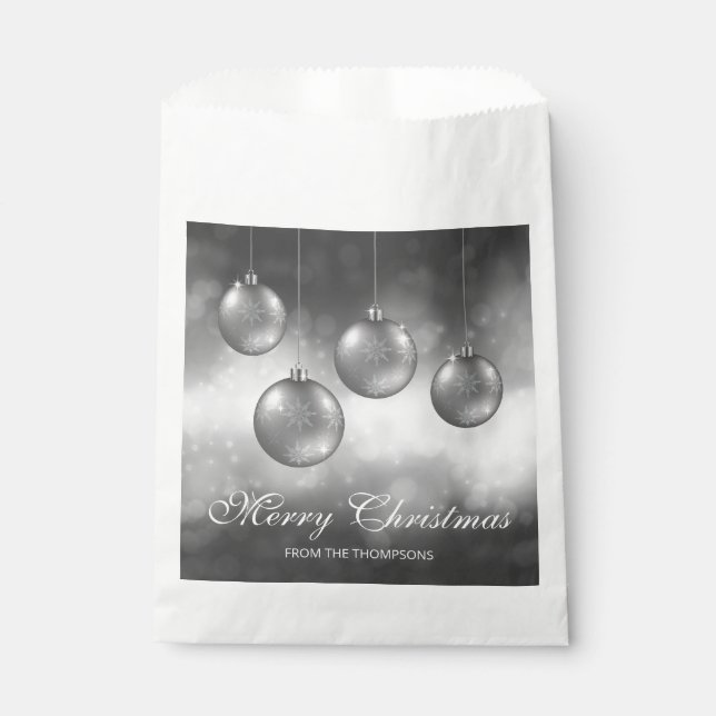 Silver Grey Christmas Baubles With Custom Text Favour Bag (Front)