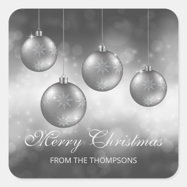 Silver Grey Christmas Baubles With Custom Text Square Sticker (Front)