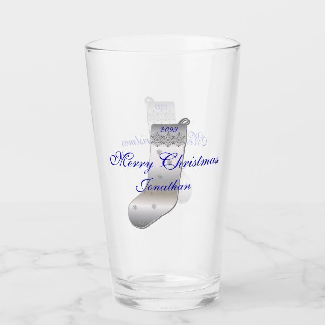 Silver Grey Christmas Stocking Pint Tumbler Glass (Front)