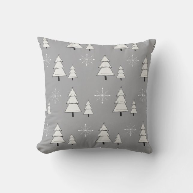 Silver grey Christmas with pines and snowflakes Cushion (Front)
