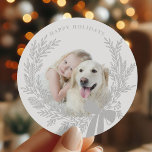 Silver Grey Christmas Wreath Photo Classic Round Sticker<br><div class="desc">Holiday photo sticker with a simple Christmas wreath. For more advanced customisation of this design,  please click the DESIGN TOOL BUTTON above!</div>