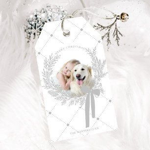 Silver Grey Christmas Wreath Photo Gift Tags