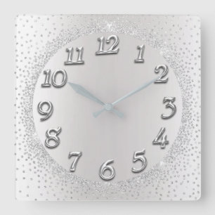 Silver Grey Crystals Confetti Glitter Blush Number Square Wall Clock