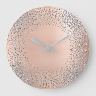 Silver Grey Crystals Confetti Glitter Blush Pink Large Clock