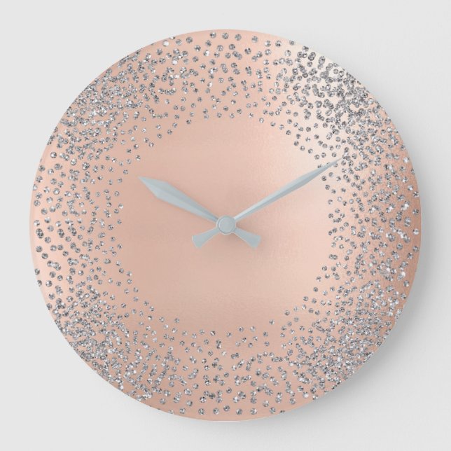Silver Grey Crystals Confetti Glitter Blush Pink Large Clock (Front)