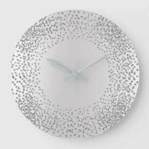 Silver Grey Crystals Confetti Glitter Gems MInimal Large Clock