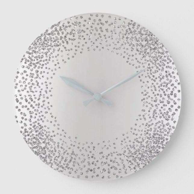 Silver Grey Crystals Confetti Glitter Gems MInimal Large Clock (Front)