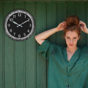 Silver Grey Crystals Glitter Arabic Numbers Black Large Clock